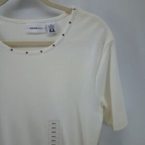NWT Parisian Works White Rhinestone Short Sleeve Tee 100% Cotton S